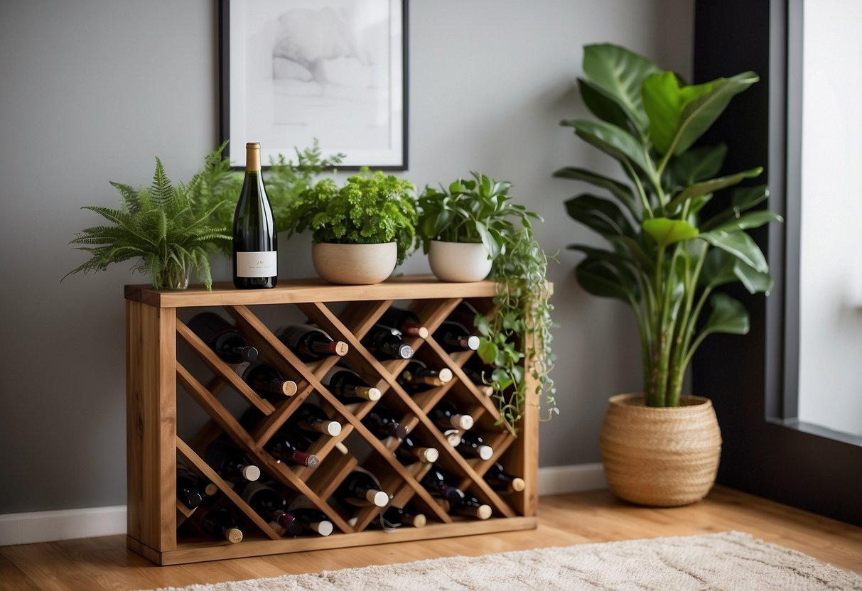 A planter stand repurposed as a wine rack, adorned with greenery and placed in a stylish living room setting