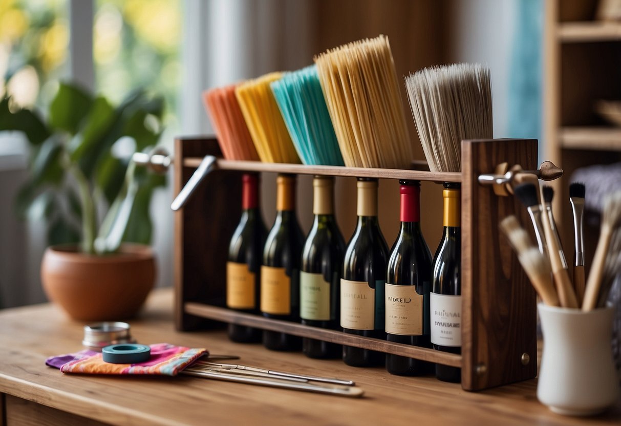 A wooden wine rack repurposed to hold craft supplies, surrounded by colorful fabric and paint brushes, with a cozy home decor setting in the background