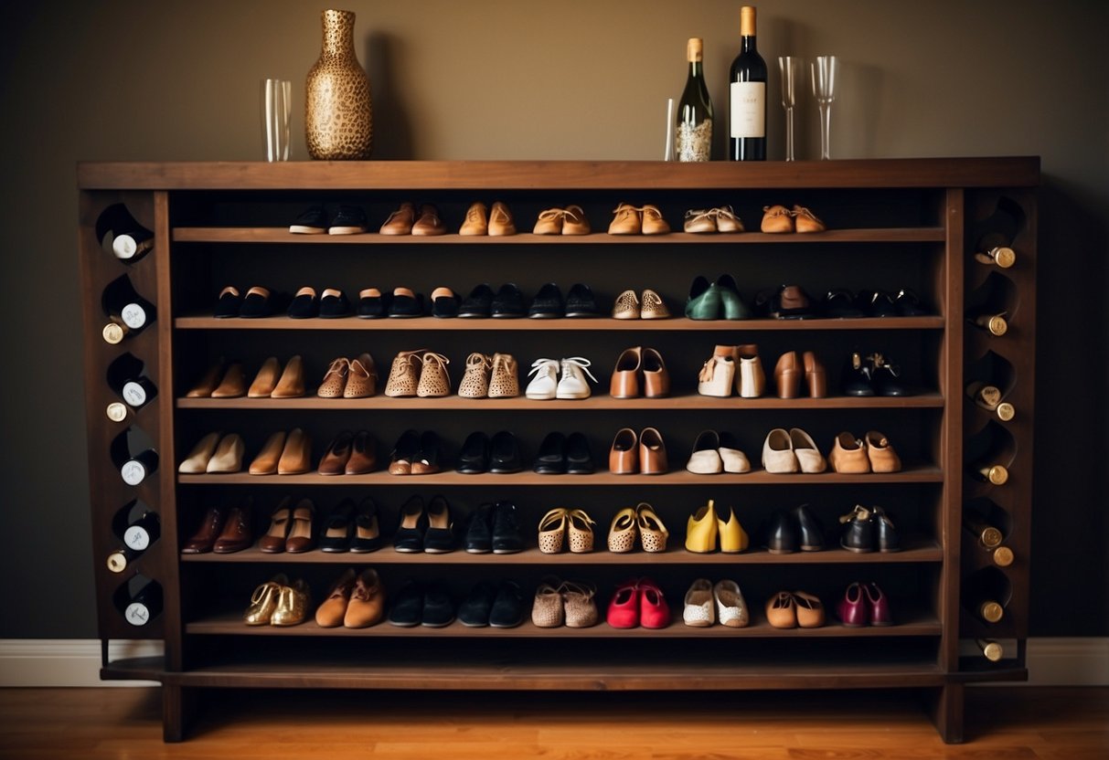 A shoe rack repurposed as a wine rack, adorned with decorative items, placed in a stylish home setting