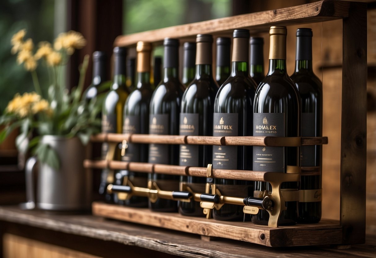 A wine bottle display stands on a rustic wooden wine rack, surrounded by various home decor items