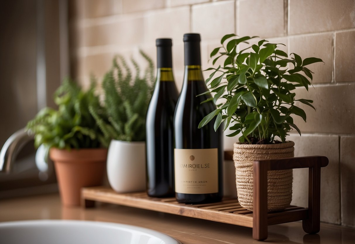 A wine rack repurposed for bathroom storage, holding towels and toiletries. Decorative bottles and plants add a touch of elegance to the space