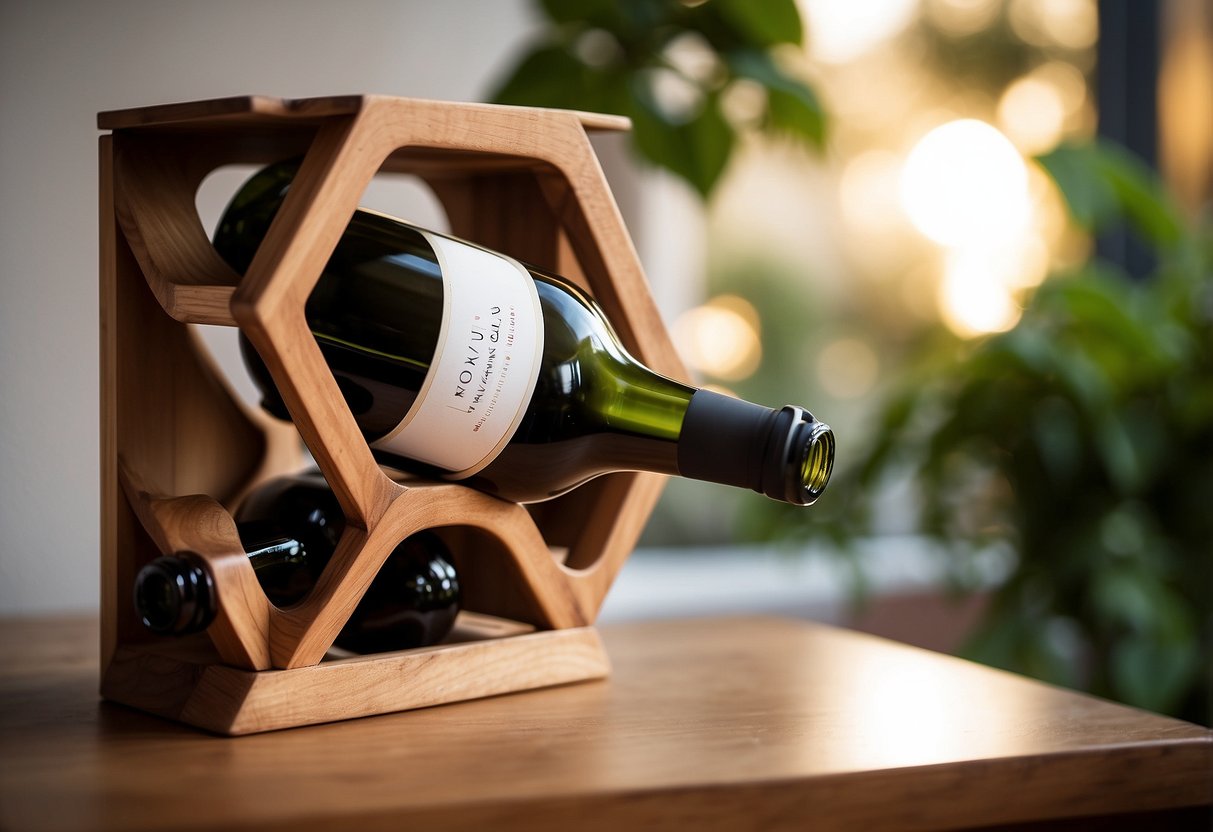 A wooden magazine holder is repurposed as a wine rack, displaying various bottles. It is integrated into a stylish home decor setup, showcasing its versatility for other uses