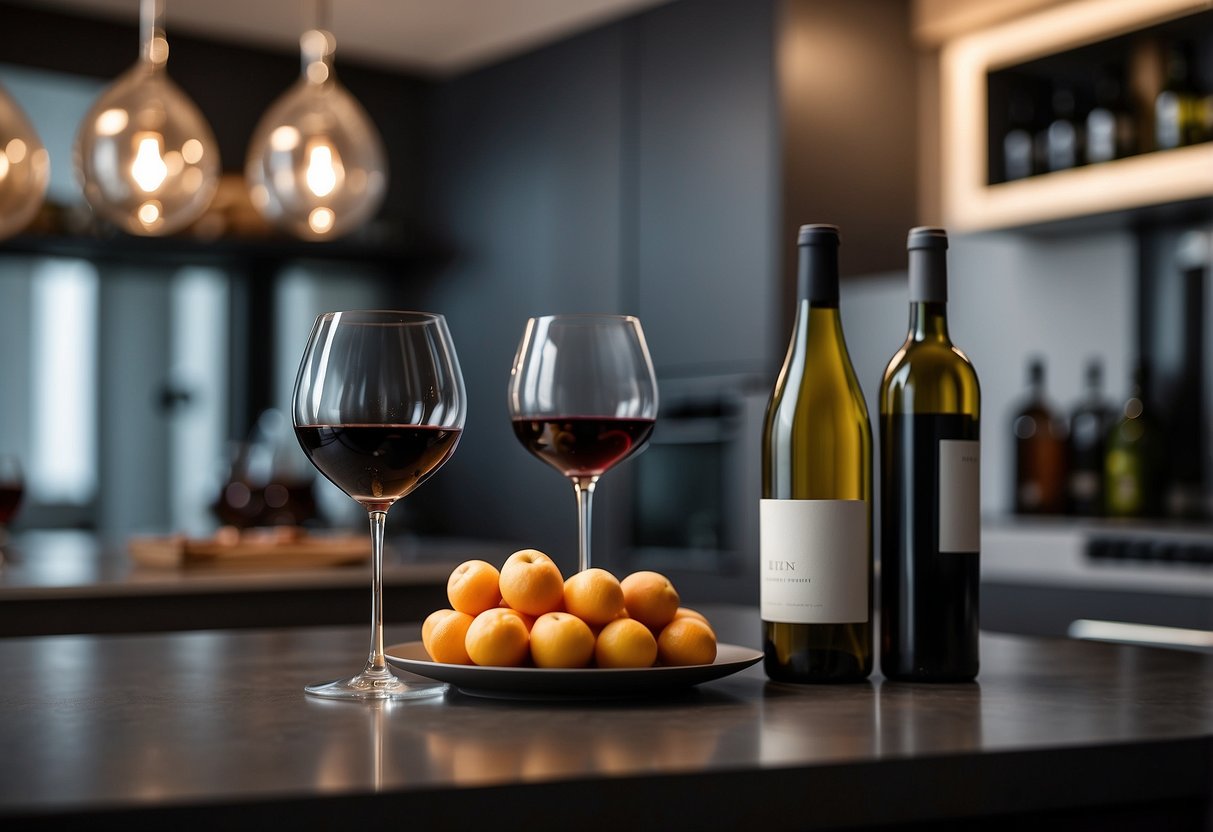 A modern kitchen with sleek countertops and minimalist decor. A small corner is adorned with a stylish wine rack, showcasing a collection of fine wines