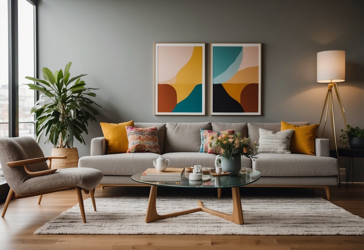 A cozy living room with a plush sofa, a modern coffee table, and a colorful area rug. A gallery wall of framed artwork and a stylish floor lamp complete the space