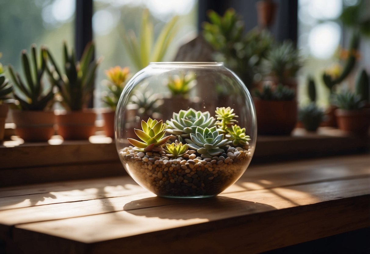 A glass terrarium sits on a wooden table, filled with a variety of colorful succulent plants and small decorative rocks. The sunlight streams in, casting a warm glow on the arrangement