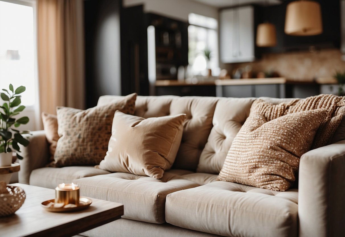 A cozy living room with a neutral-colored sofa adorned with luxurious velvet throw pillows. The pillows add warmth and elegance to the space, making it a perfect addition for new homeowners looking to elevate their decor