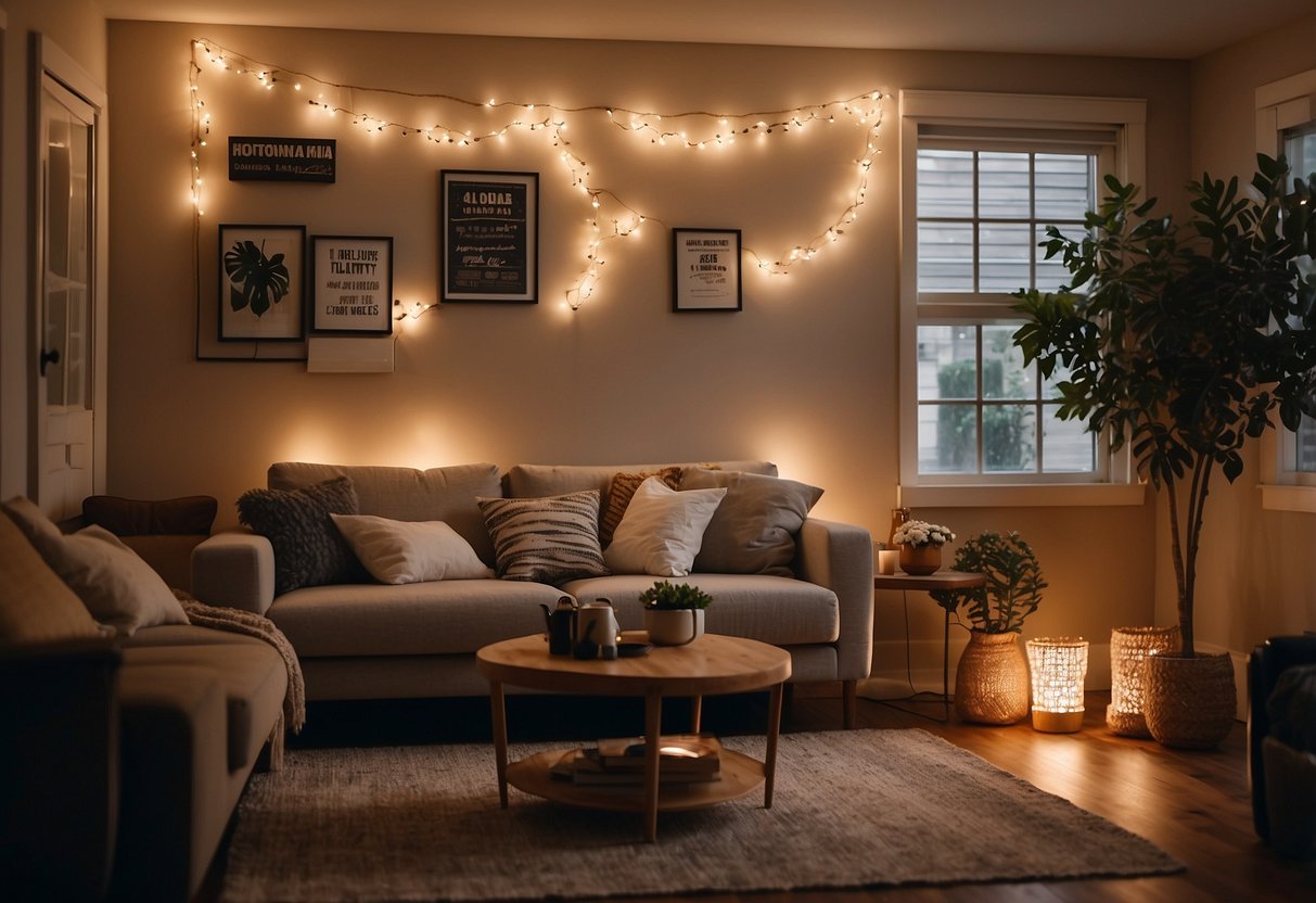 A cozy living room with string light bulbs draped along the walls and ceiling, creating a warm and inviting atmosphere for a new homeowner's decor