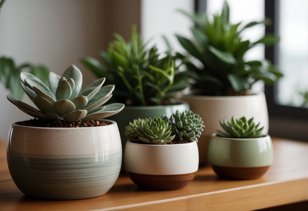 A cozy living room with a variety of ceramic planters on a wooden shelf, adding a touch of greenery and warmth to the new homeowner's decor