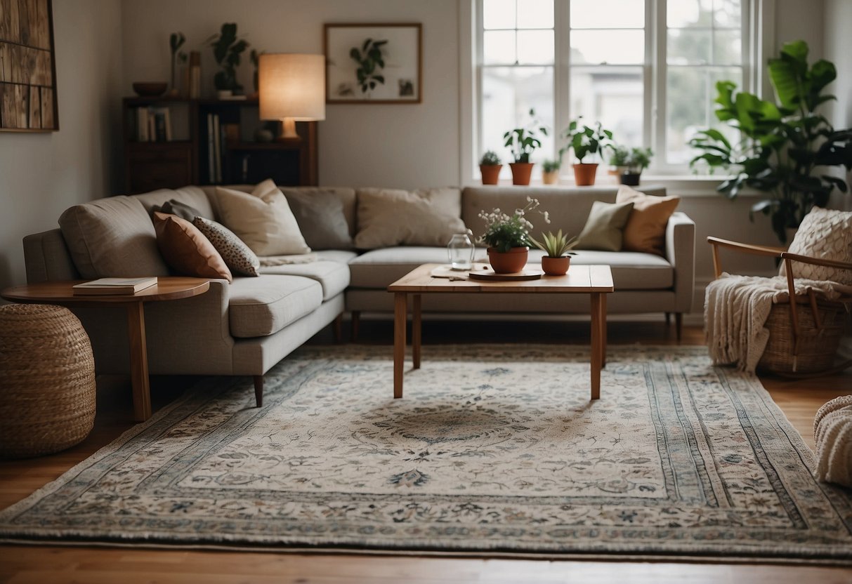 A vintage area rug lies in the center of a cozy living room, adding warmth and character to the newly decorated space