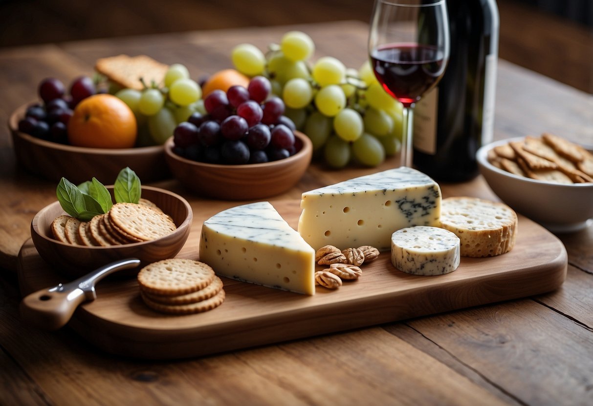 A marble cheese board sits on a wooden table, adorned with a selection of gourmet cheeses, crackers, and fresh fruit. A bottle of wine and a couple of elegant cheese knives complete the scene