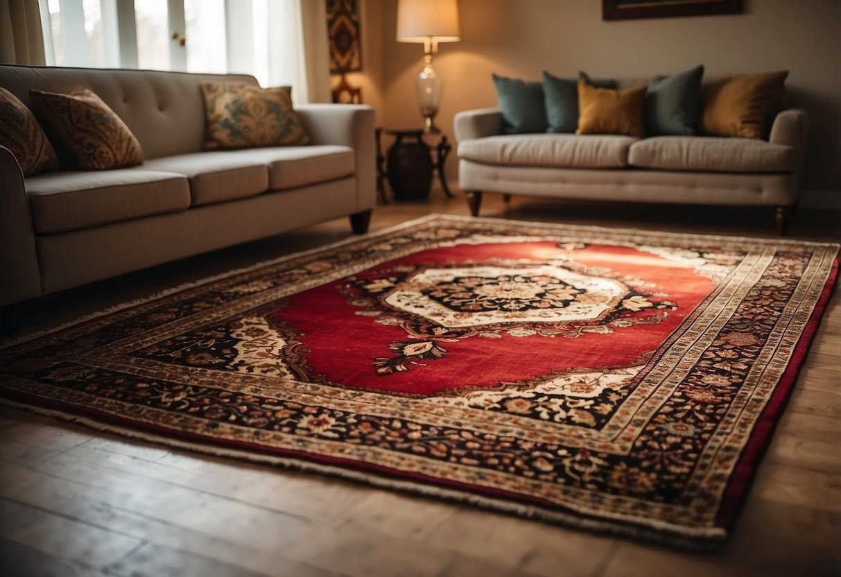 A Persian rug laid out in a cozy living room, with warm lighting and decorative accents