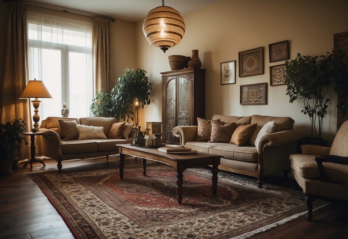 A cozy living room with a vintage Isfahan rug as the focal point, surrounded by traditional Persian home decor accents