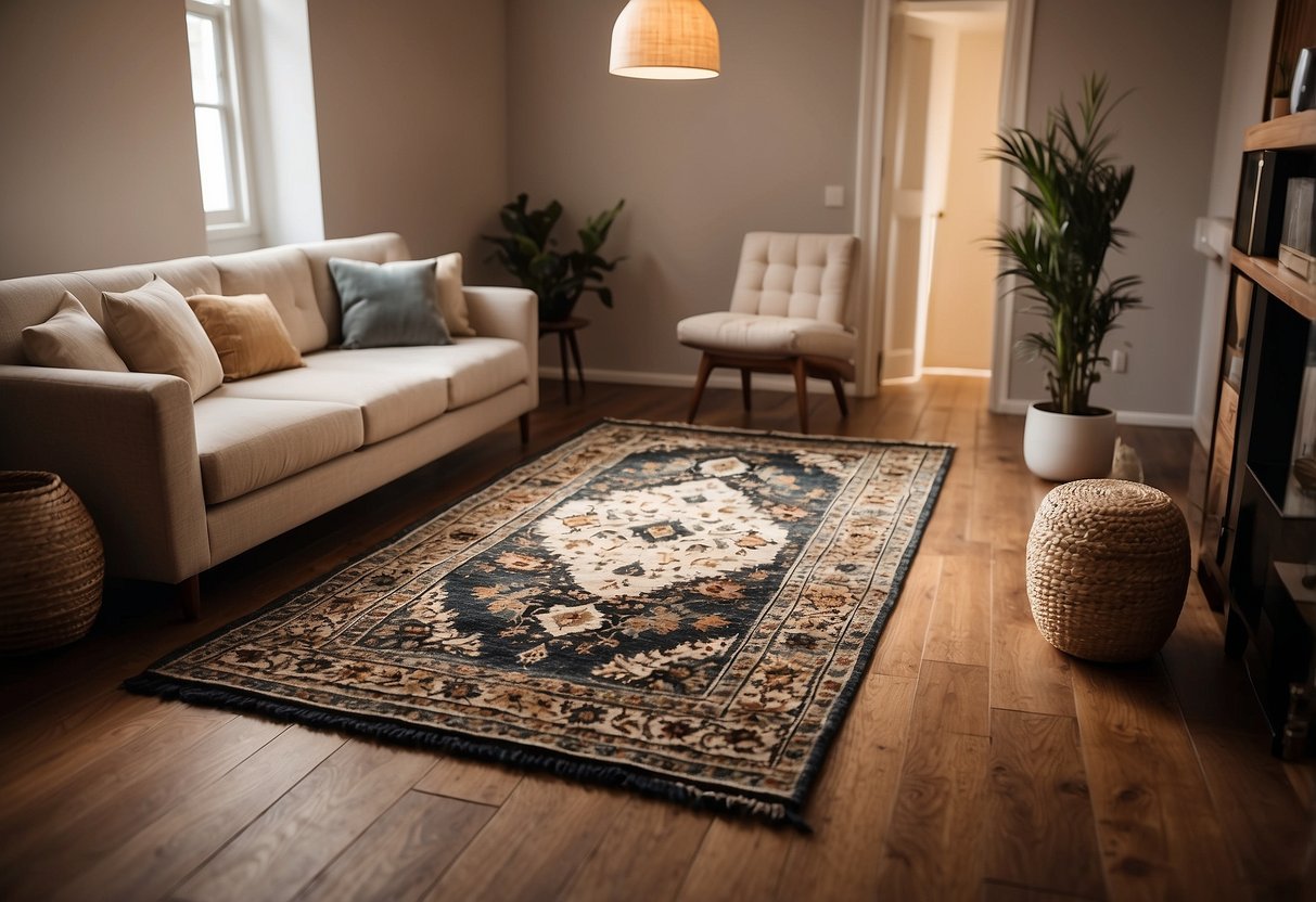 A modern Gabbeh rug lies on a hardwood floor, surrounded by minimalist furniture and warm lighting, creating a cozy and stylish Persian home decor