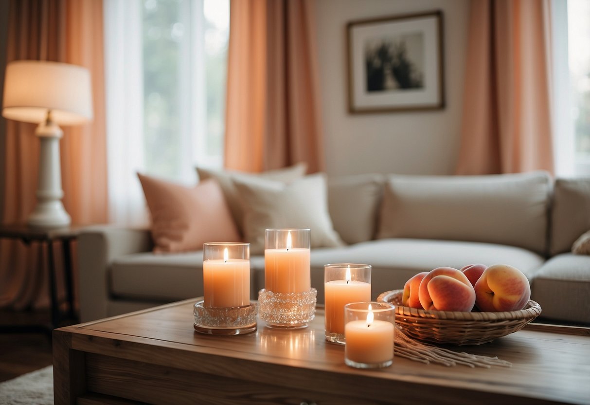 A cozy living room with peach-colored throw pillows and curtains, a peach-scented candle on a coffee table, and a peach-colored rug