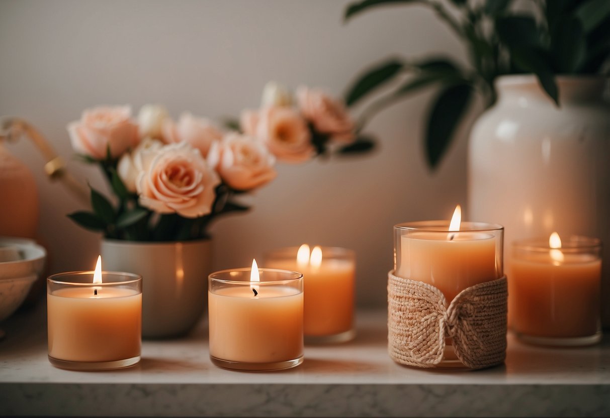 A cozy living room with peach scented candles, soft lighting, and peach-themed decor