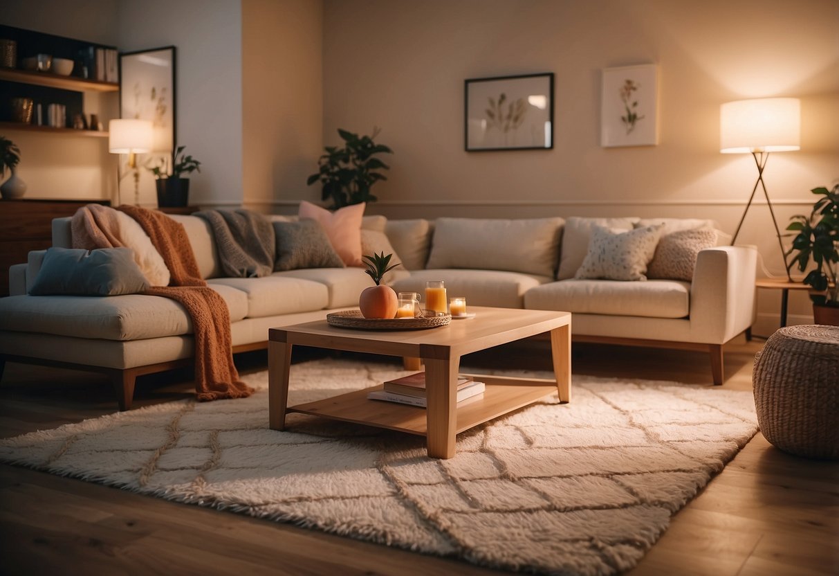 A cozy living room with a peach patterned rug as the focal point, surrounded by modern furniture and warm lighting