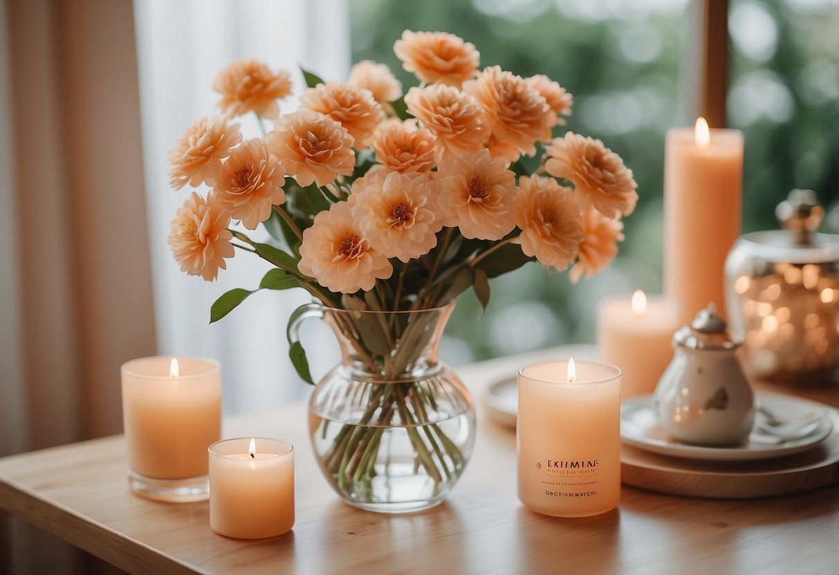 A table with peach flower arrangements in a vase, surrounded by peach home decor items like pillows, candles, and wall art