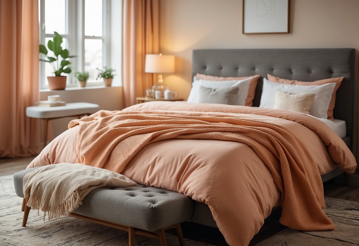 A bed with peach-colored linens, adorned with matching throw pillows and a cozy blanket. The room is bathed in warm, soft light, creating a tranquil and inviting atmosphere