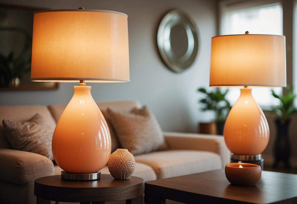 Two peach accent lamps illuminate a cozy living room, adding warmth and charm to the home decor