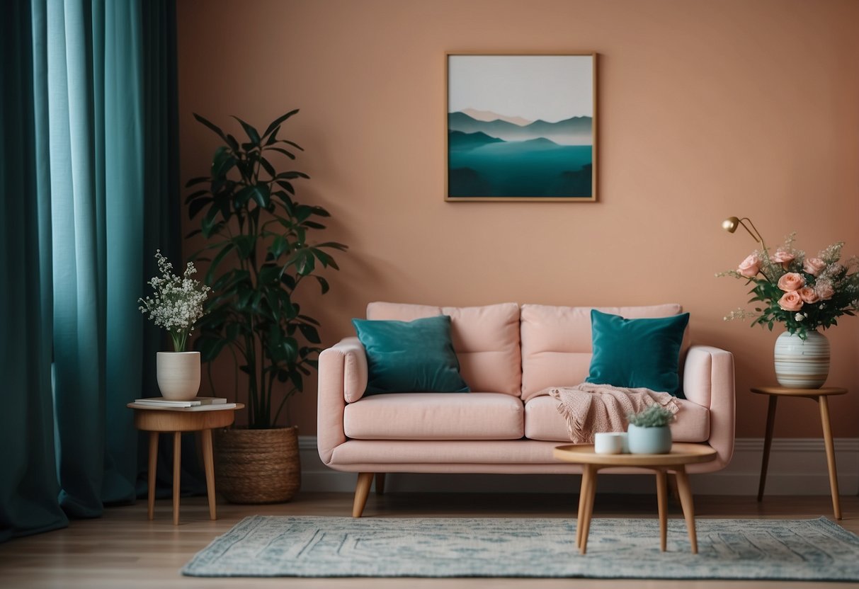 A cozy living room with peach walls and teal accents, including throw pillows, curtains, and a rug. A vase of fresh flowers in complementary colors sits on a side table