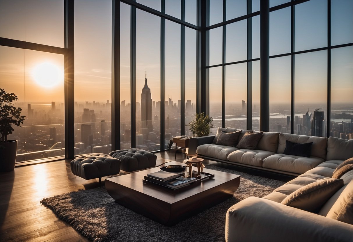 A luxurious penthouse living room with modern furniture, floor-to-ceiling windows, and a stunning city skyline view