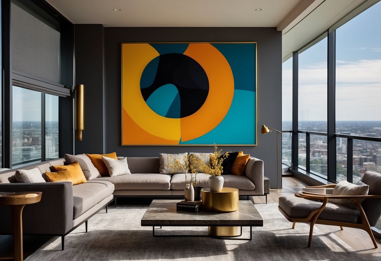 Vibrant abstract art pieces adorn a modern penthouse, creating a striking focal point for home decor. Bold colors and dynamic shapes add a sense of energy and sophistication to the space