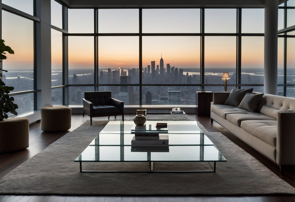 A sleek glass coffee table sits in the center of a modern penthouse living room, surrounded by minimalist decor and floor-to-ceiling windows with a stunning city view