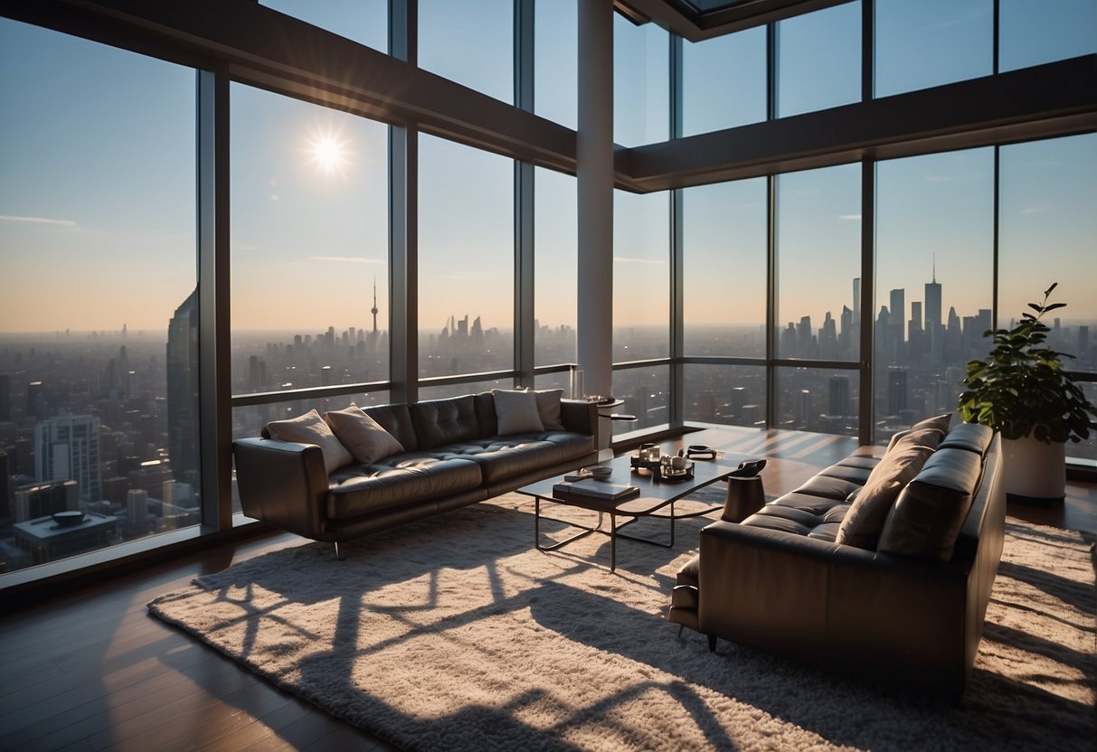 A modern penthouse with geometric rugs, sleek furniture, and large windows overlooking the city skyline