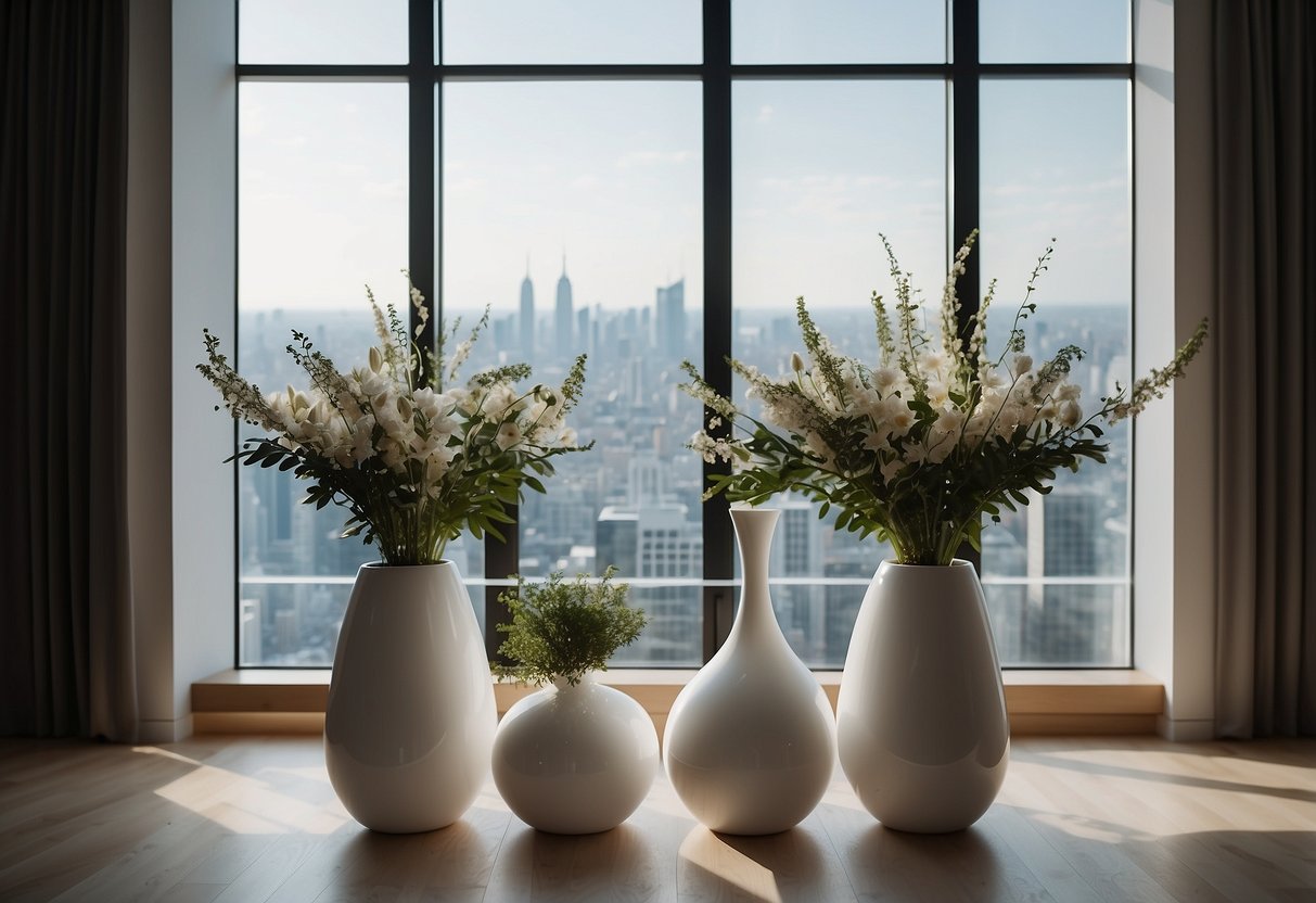 A modern penthouse with sculptural vases as focal points on sleek, minimalistic shelves. Light streams in from floor-to-ceiling windows, illuminating the elegant decor