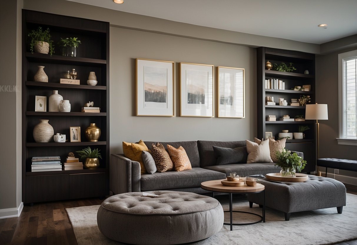 A penthouse living room with custom built-in shelves, showcasing decorative items and elegant home decor ideas