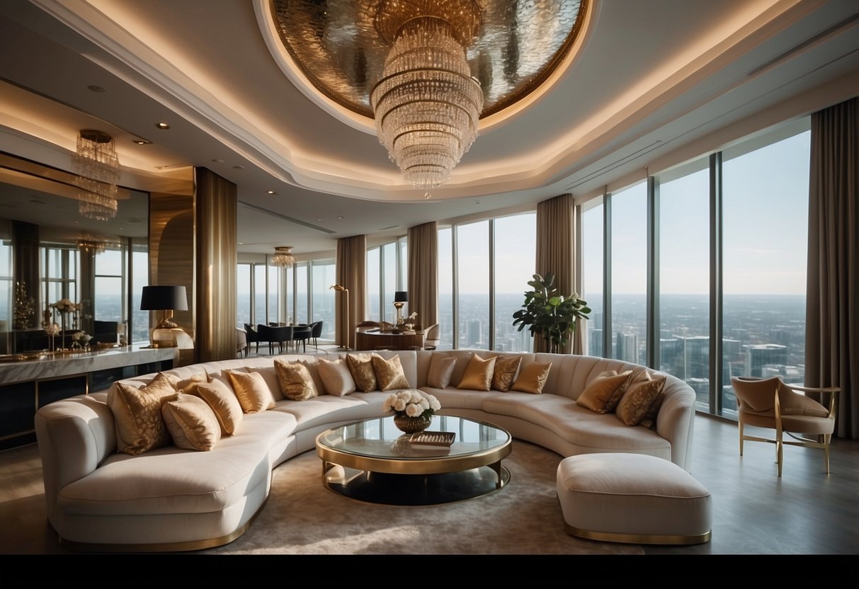 A grand penthouse adorned with opulent fabrics and materials, showcasing luxurious home decor ideas