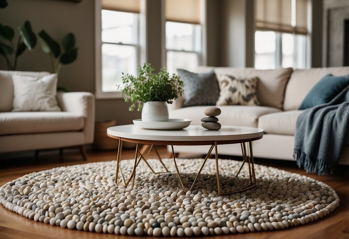 A cozy living room with pebble-inspired decor, including a stone-patterned rug, a table centerpiece of polished pebbles, and wall art featuring natural rock formations