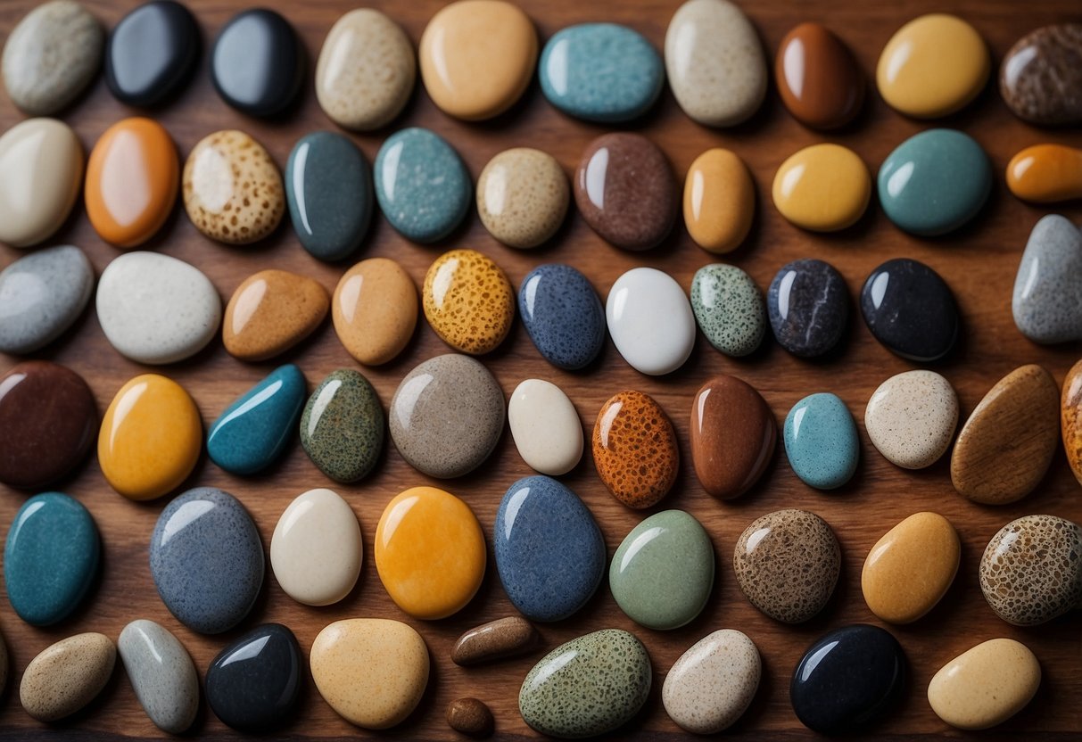 A collection of smooth, colorful pebbles arranged in a circular pattern on a wooden surface, serving as unique and natural coasters for home decor