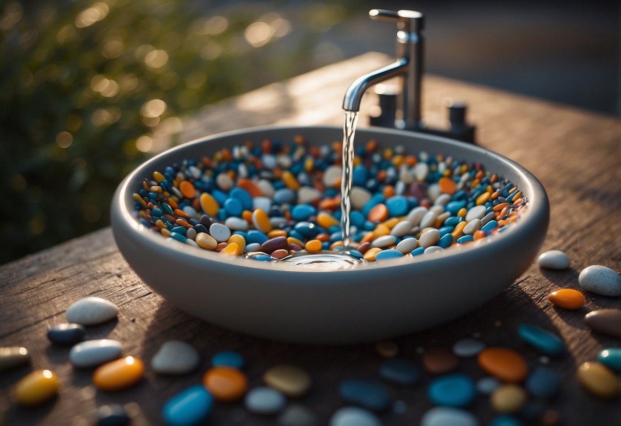 A ceramic sink filled with smooth, colorful pebbles, creating a unique and natural decoration