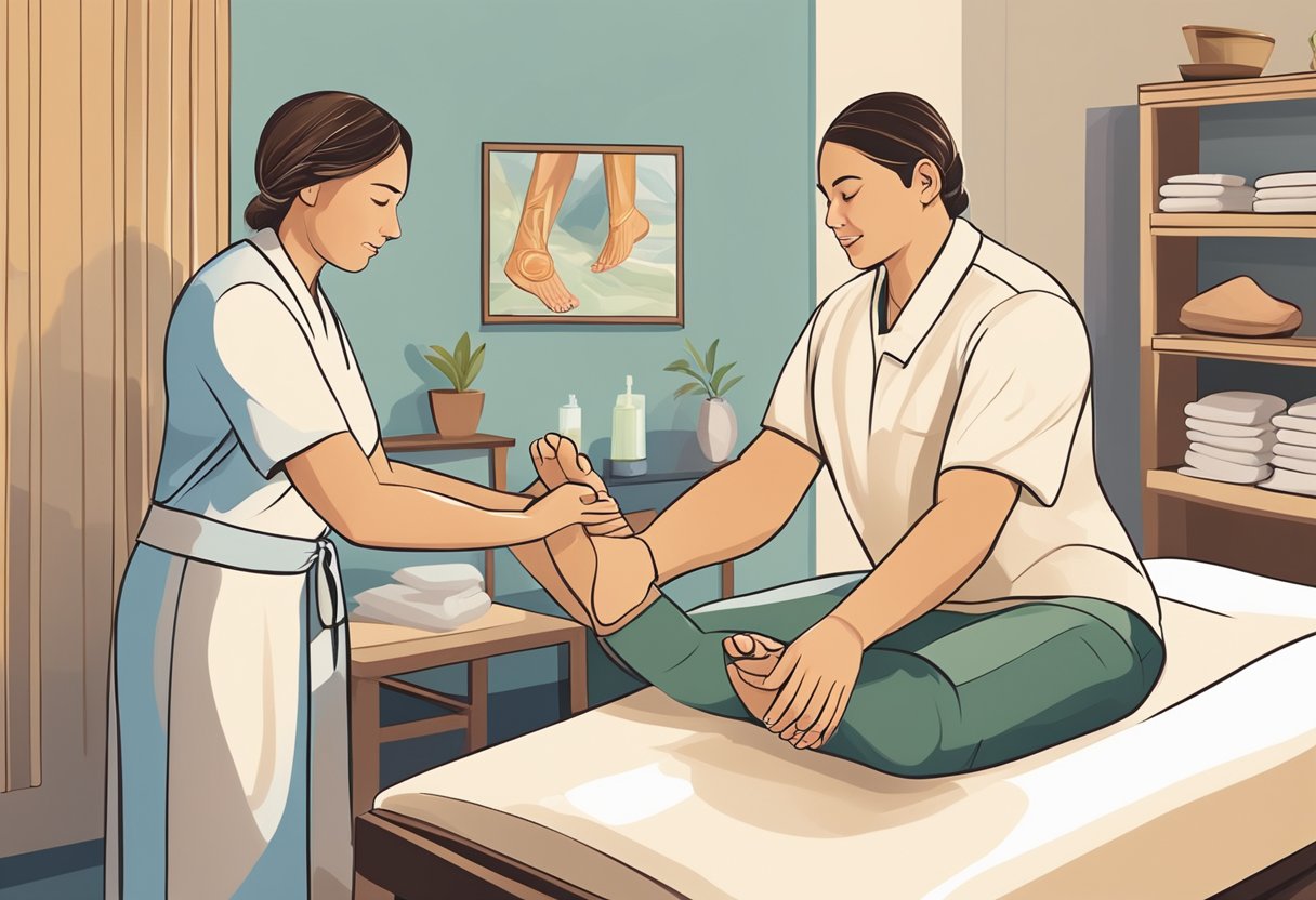 A person receiving reflexology and massage in separate rooms, with a reflexologist applying pressure to specific points on the feet, and a massage therapist using long, flowing strokes on the body