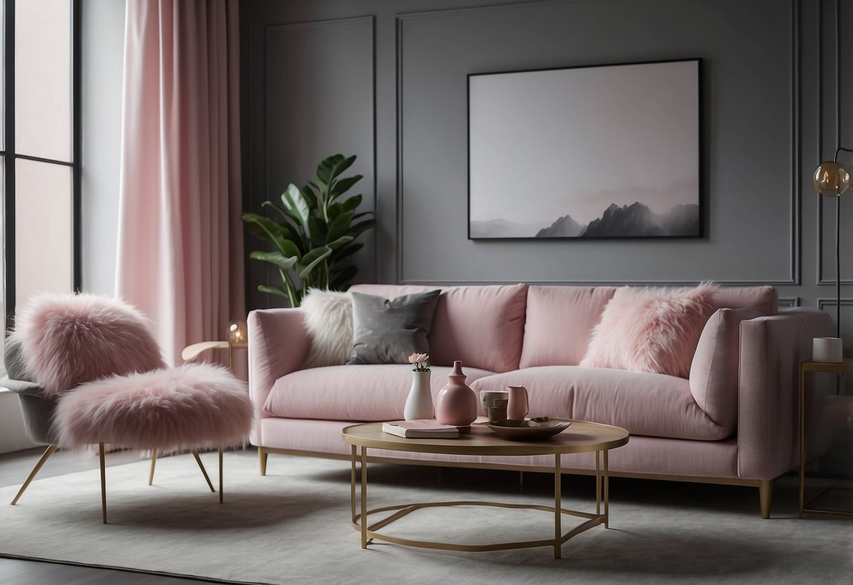 A cozy living room with pink and grey accents, including a plush sofa, fluffy throw pillows, and a sleek coffee table. Subtle touches of pink and grey decor adorn the walls and shelves, creating a modern and inviting space