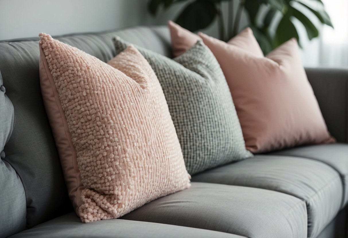 Blush pink throw pillows arranged on a grey couch, surrounded by matching decor