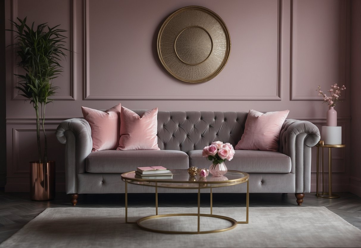 A grey velvet sofa sits in a room adorned with pink and grey home decor accents