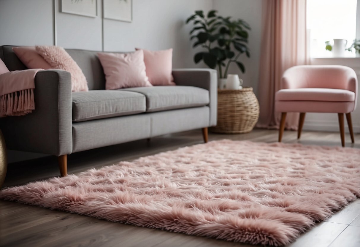 A dusty rose area rug sits in a cozy living room, surrounded by pink and grey home decor accents