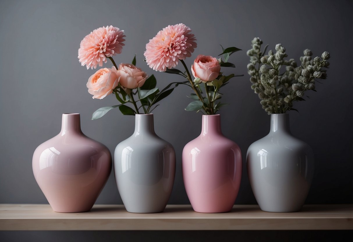 Pink ceramic vases arranged on a grey shelf with pink and grey home decor accents