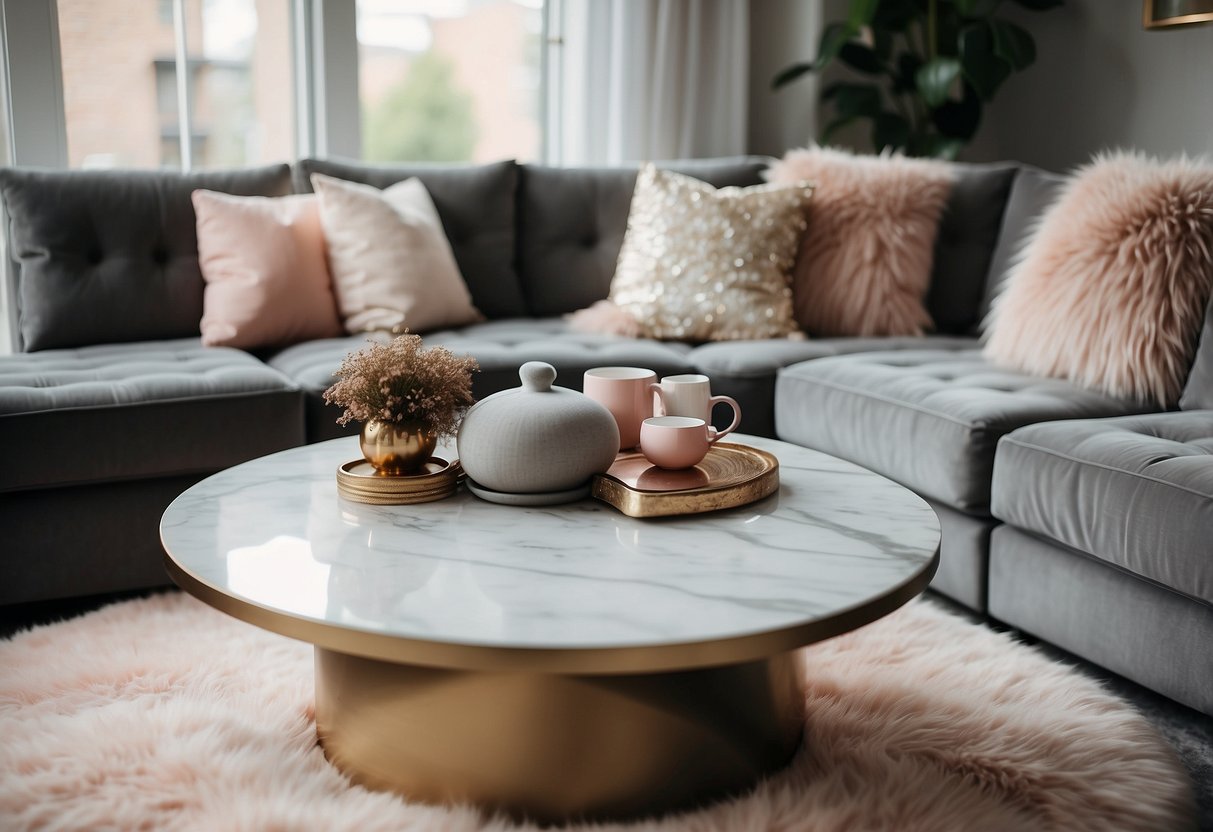 A pink and grey living room with a plush velvet sofa, marble coffee table, and metallic accents. Textured throw pillows and a shaggy rug add depth