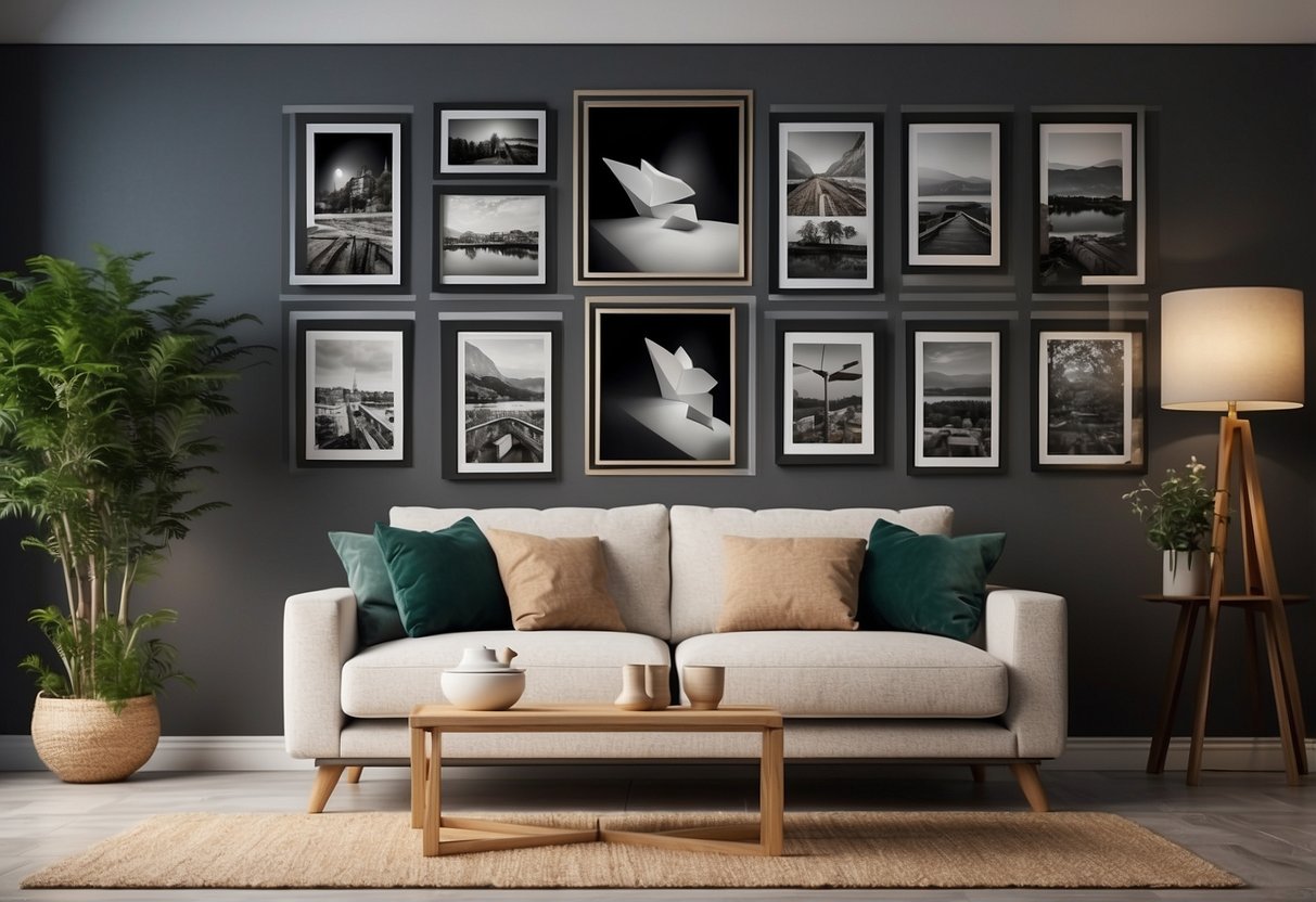 A living room wall adorned with a gallery of various sized and framed pictures, creating a visually appealing and personalized home decor display