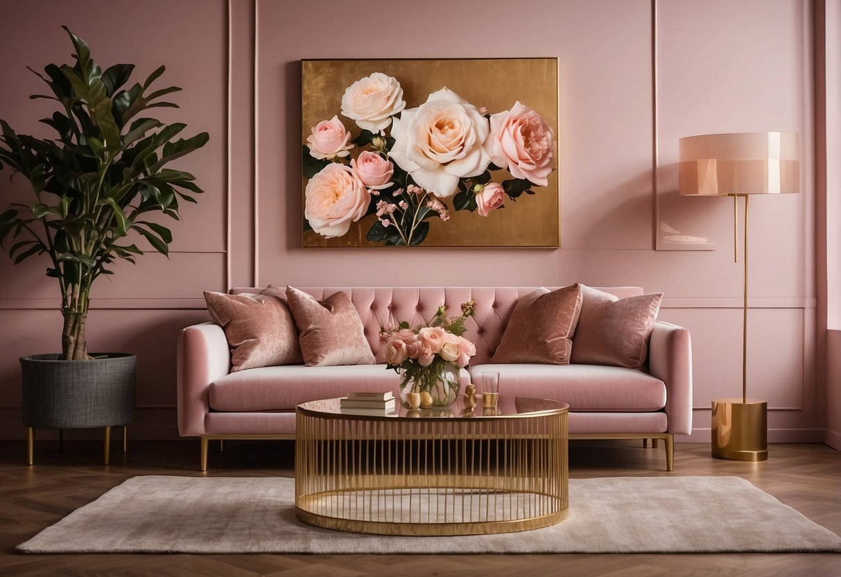 A pink and gold living room with a velvet sofa, metallic accents, and floral wall art