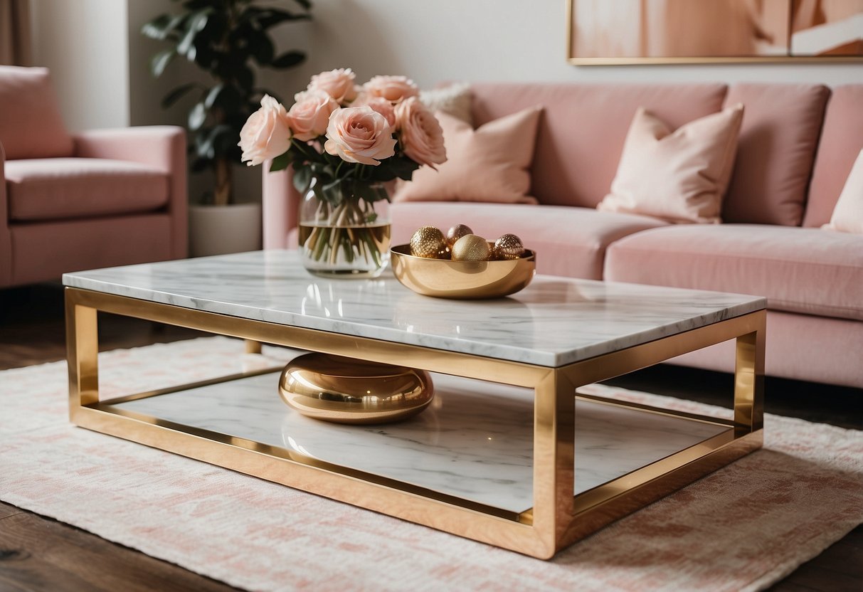 A marble and gold coffee table sits in a stylish living room, surrounded by pink and gold home decor accents