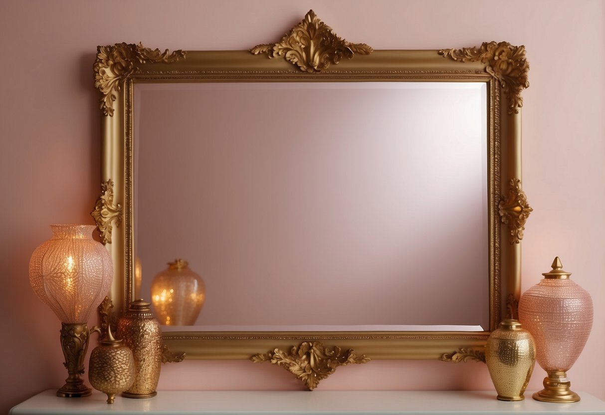 A pink and gold accented mirror hangs on a pastel-colored wall, surrounded by matching decor and soft lighting