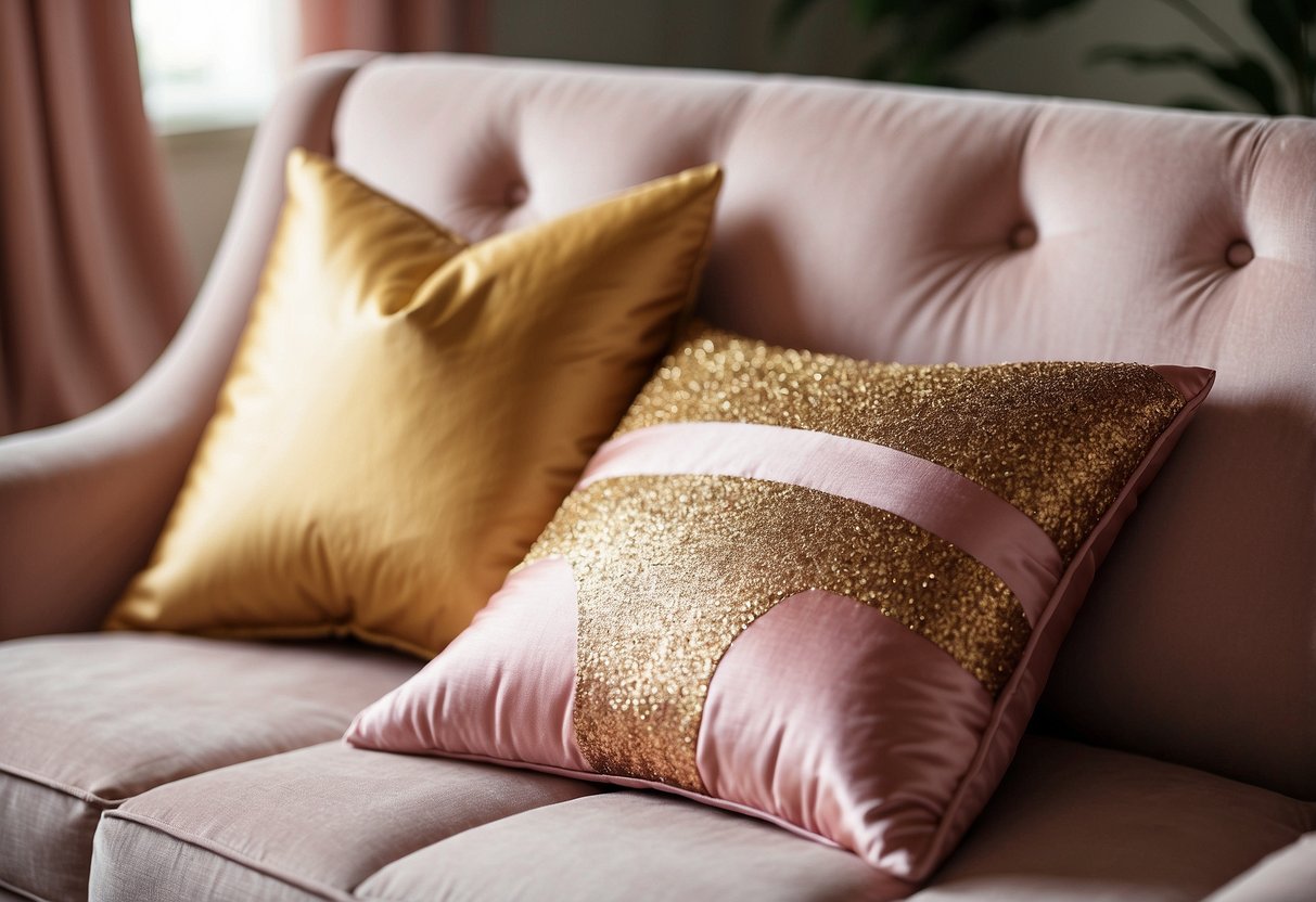 Pink and gold throw pillows arranged on a cozy sofa with a matching rug and curtains, creating a luxurious and inviting home decor setting