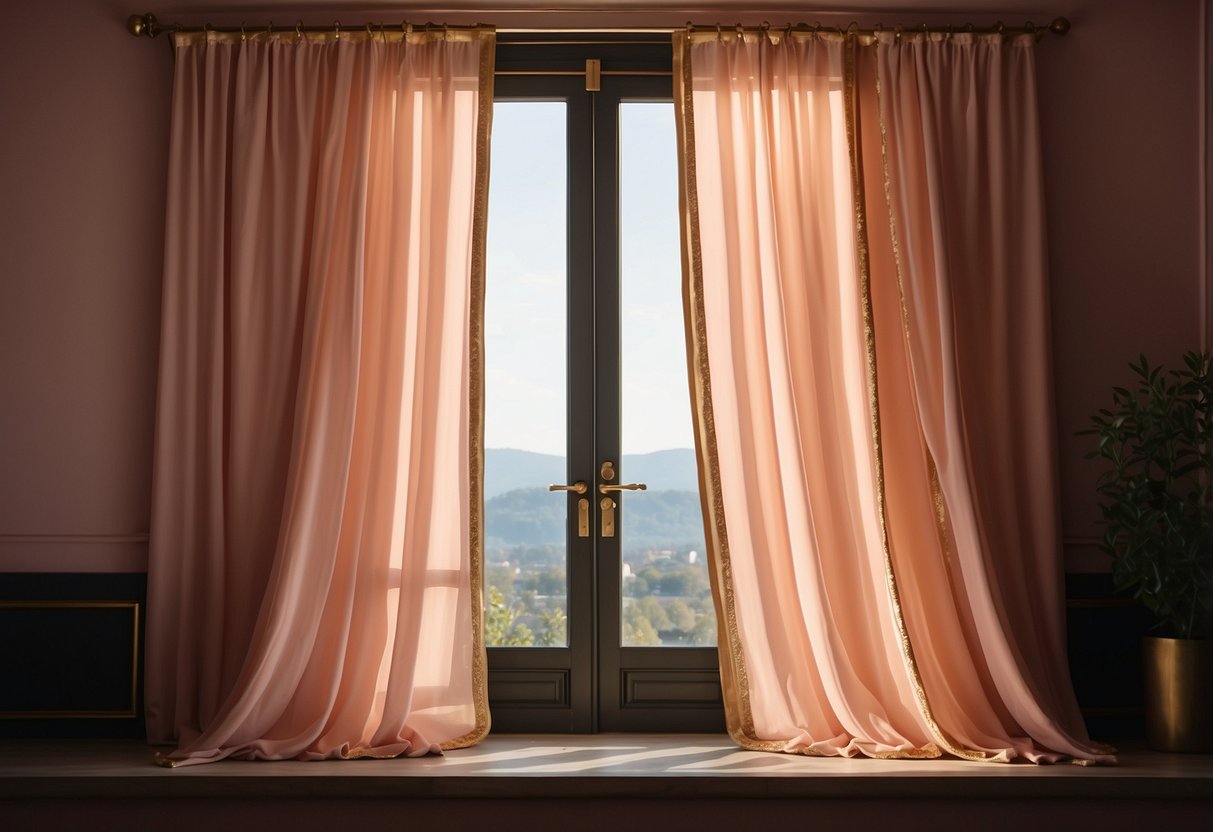 Peach pink curtains with gold trim hang elegantly in a sunlit room, adding a touch of luxury to the home decor