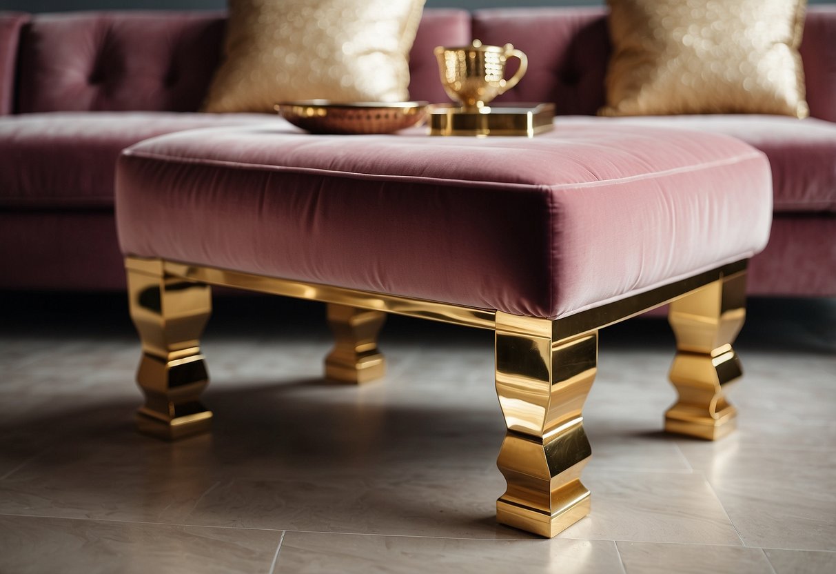 A pink velvet ottoman sits in a luxurious room with gold accents and decor