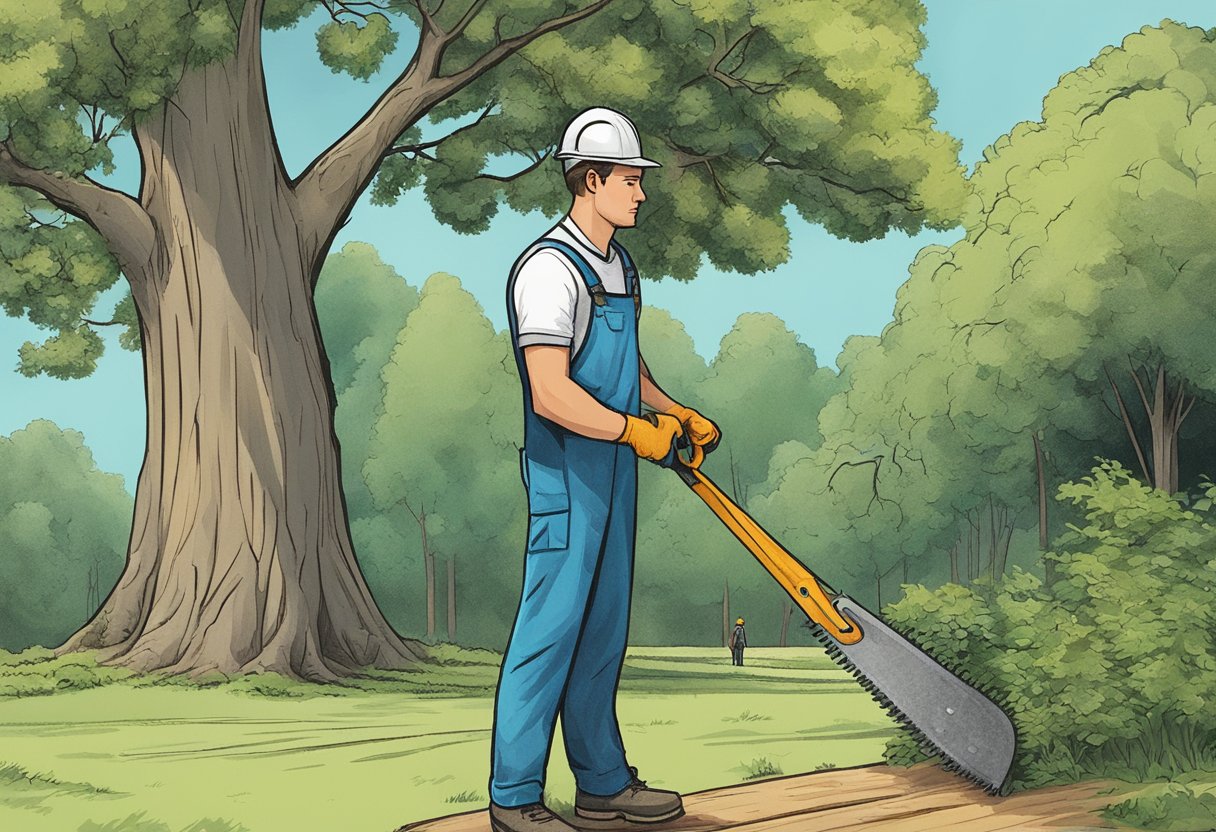 A person standing next to a tall tree, holding a saw and looking uncertain. In the background, a professional tree trimmer confidently at work