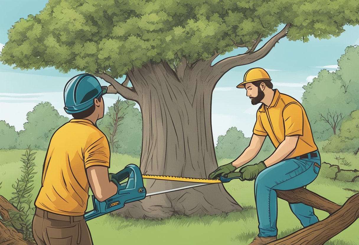 A person trimming a tree with a saw, while another person watches from a distance, contemplating whether to DIY or hire a professional